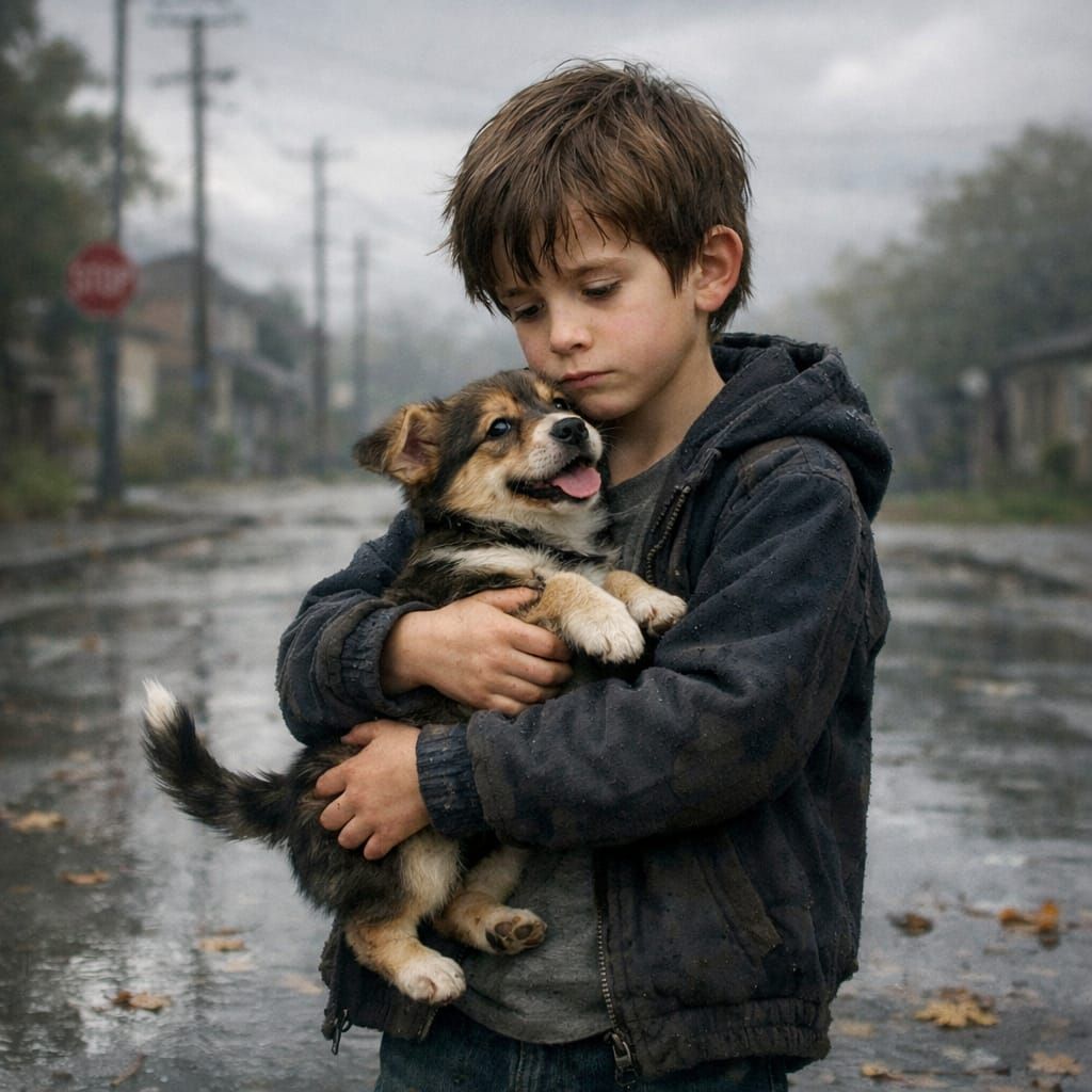 Sad Boy Finds Comfort with Puppy on Empty Street