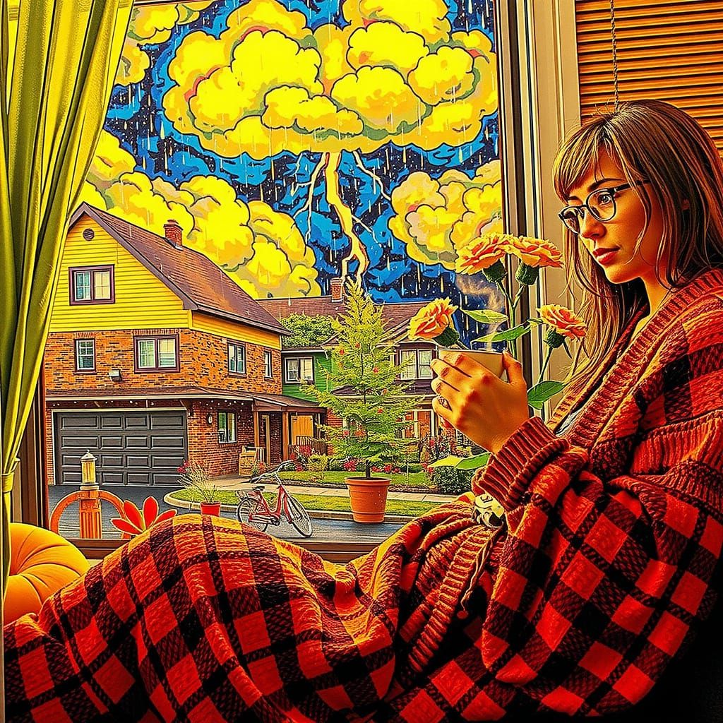 Cozy Woman Reflects on Stormy View