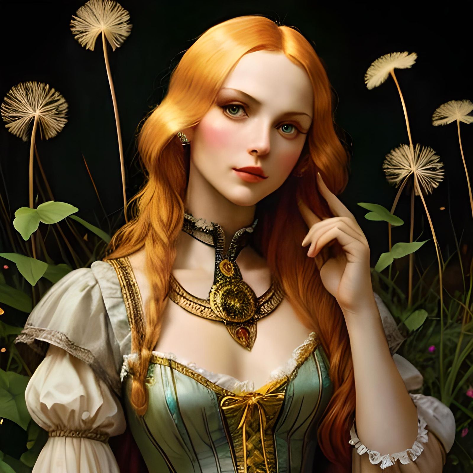 Dandelion Girl in Noir Secret Garden Illustration