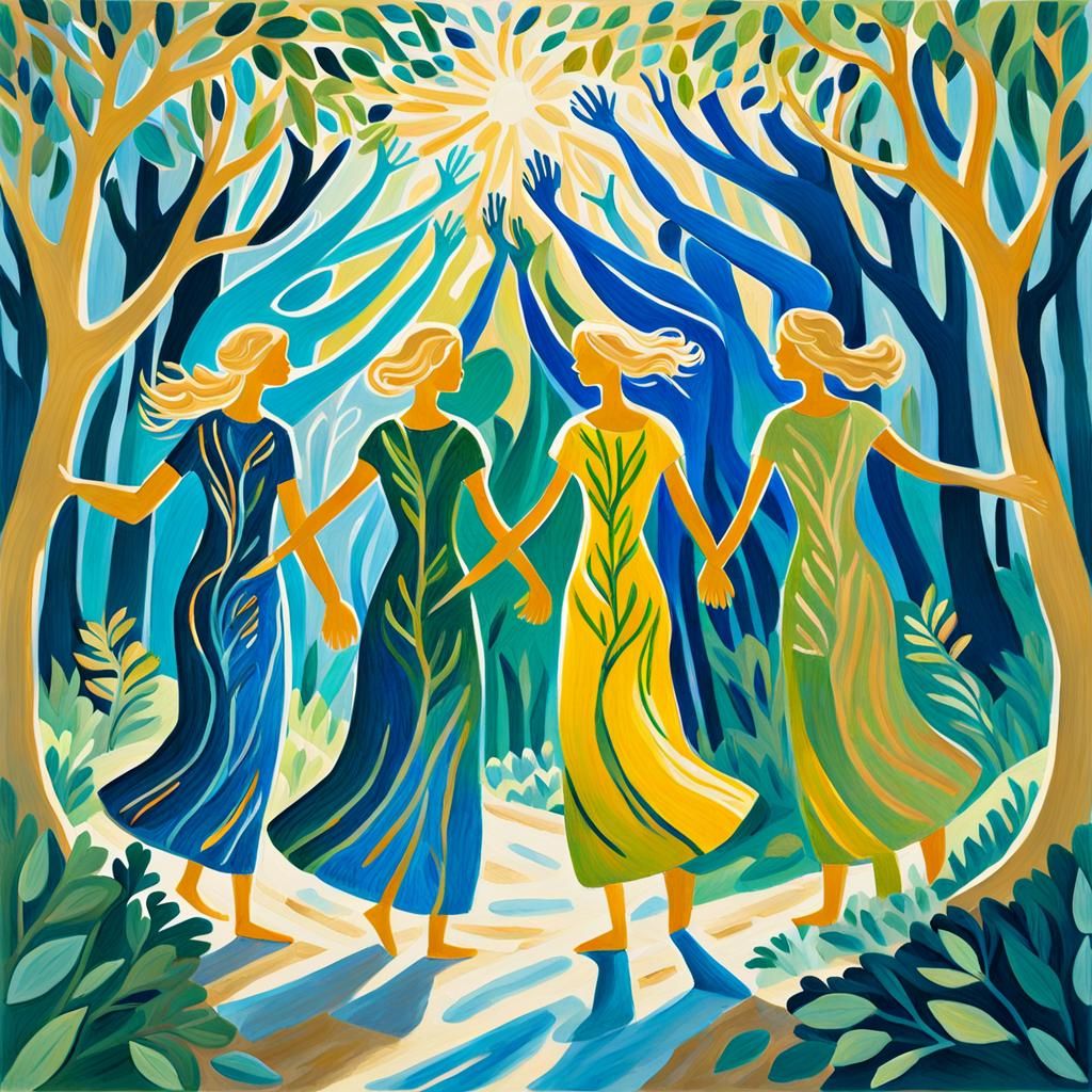 Tree-Humans Celebrate in Impressionist Gouache Painting