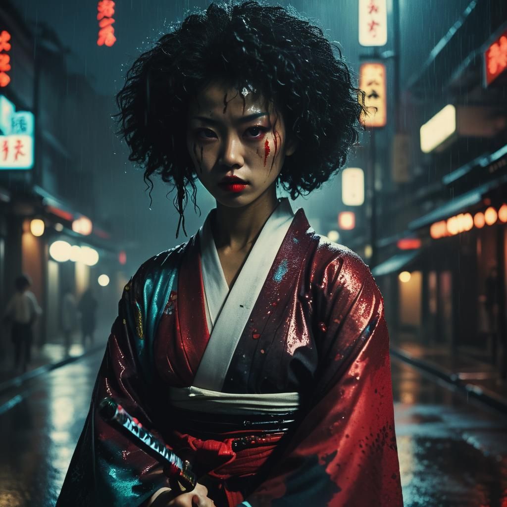 Lady Assassin in Rainy City Street, Film Noir Style