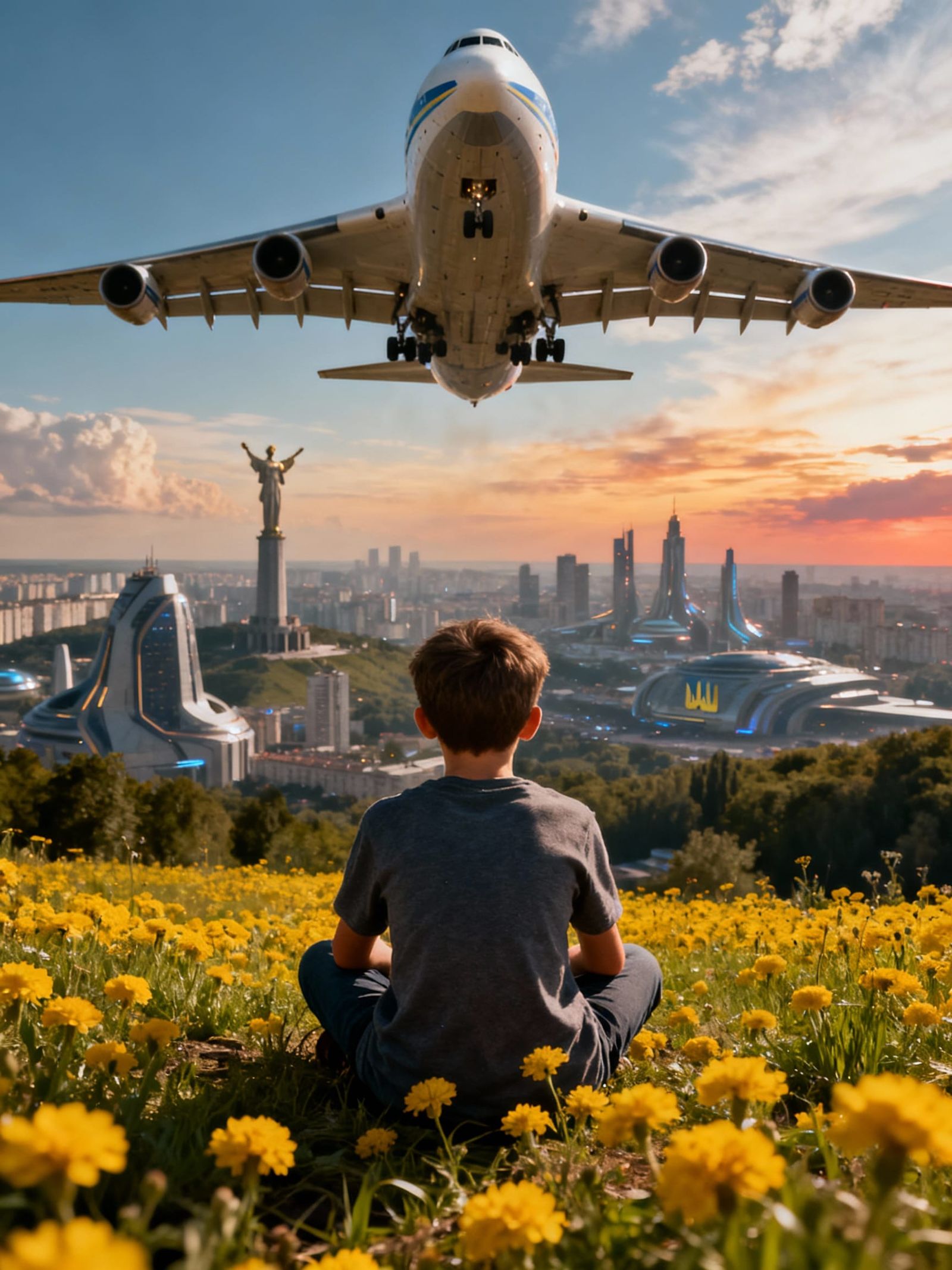 Futuristic Kyiv Meadow Scene with AN-225 Plane