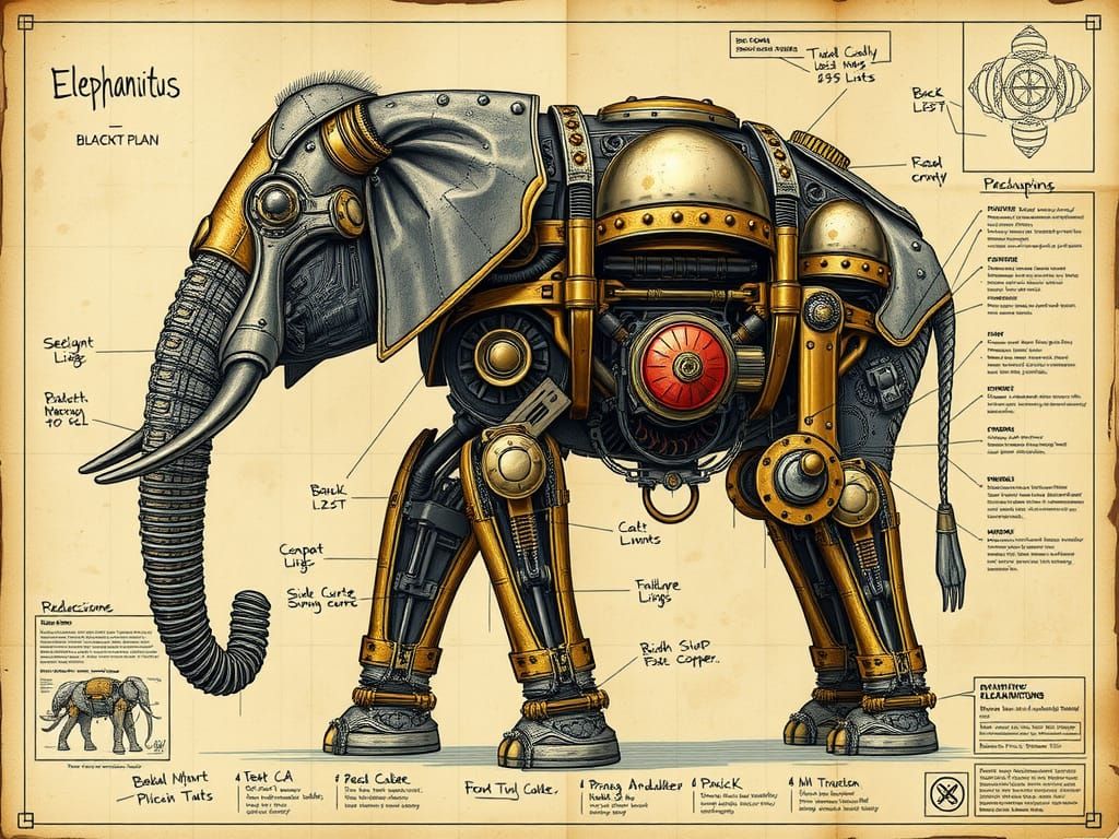 Mechanical Elephant Blueprint in Samurai Armor Style