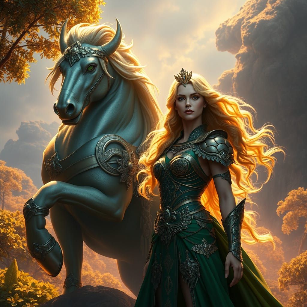 Regal Woman and Chiron in Vibrant Greek Mythology Landscape