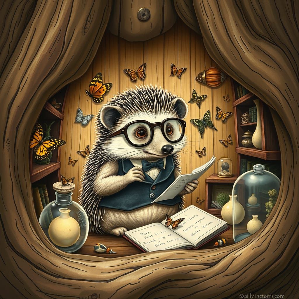 Hedgehog Curator in a Hollow Tree Museum