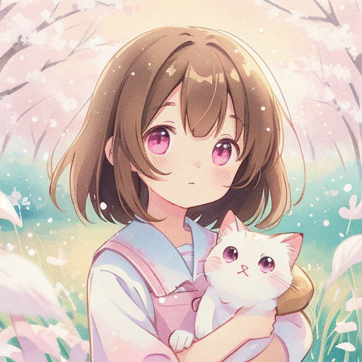 Kawaii Portrait of a Brown-Haired Girl with a White Cat
