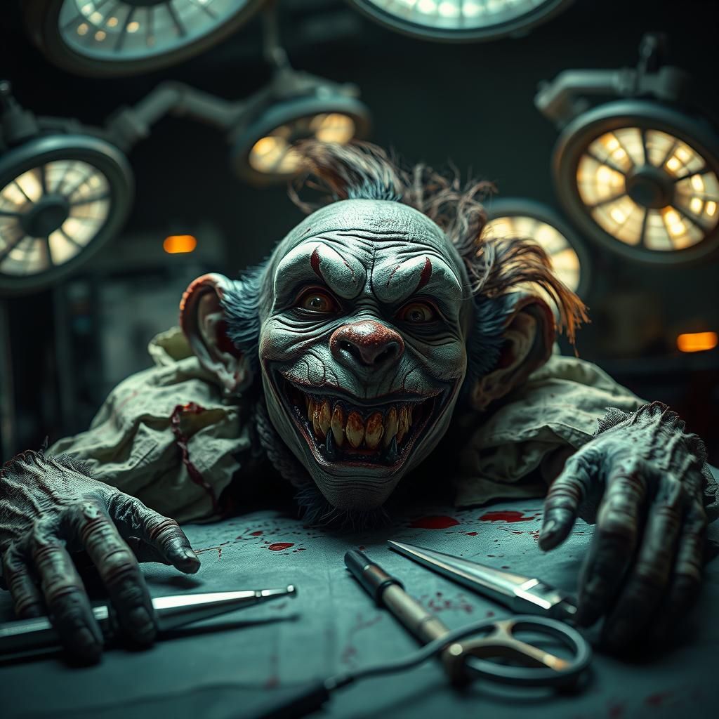 Zombie Clown Woman on Operating Table, Dark Surrealism
