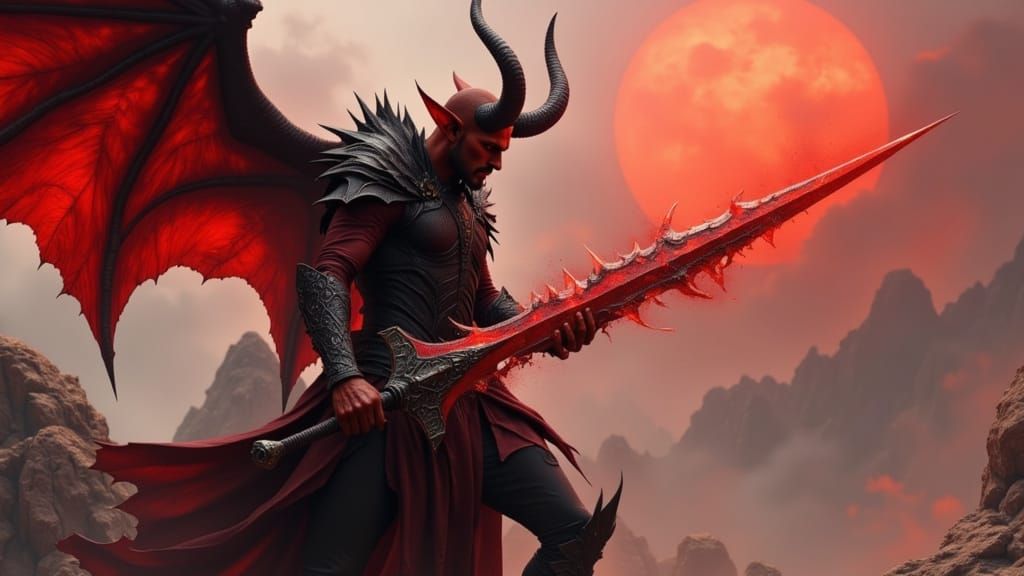 Tiefling Warrior Wields Obsidian Sword on Rocky Plateau