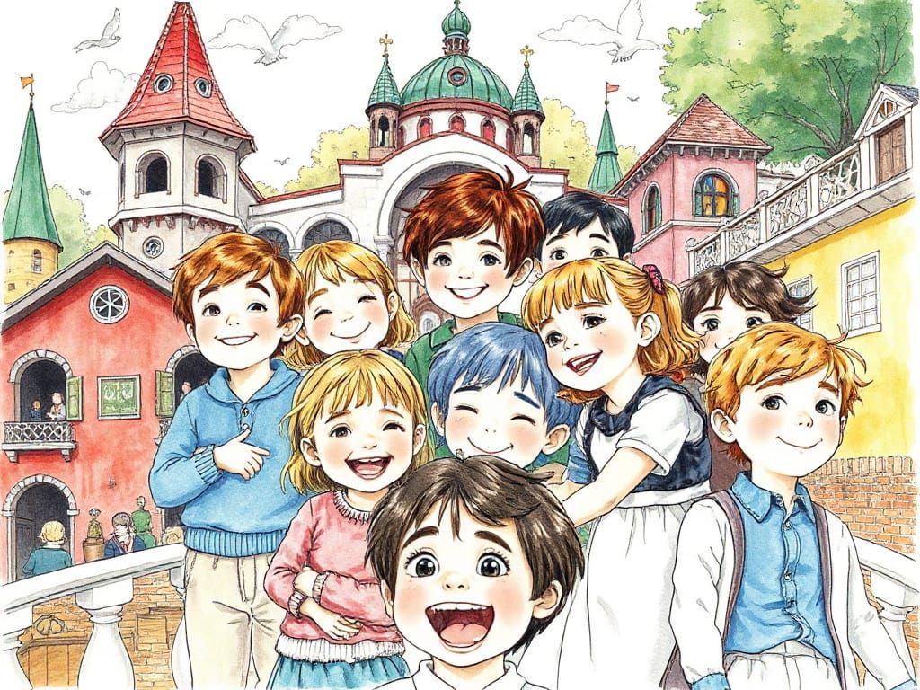 Joyful Children in Dreamlike Architecture