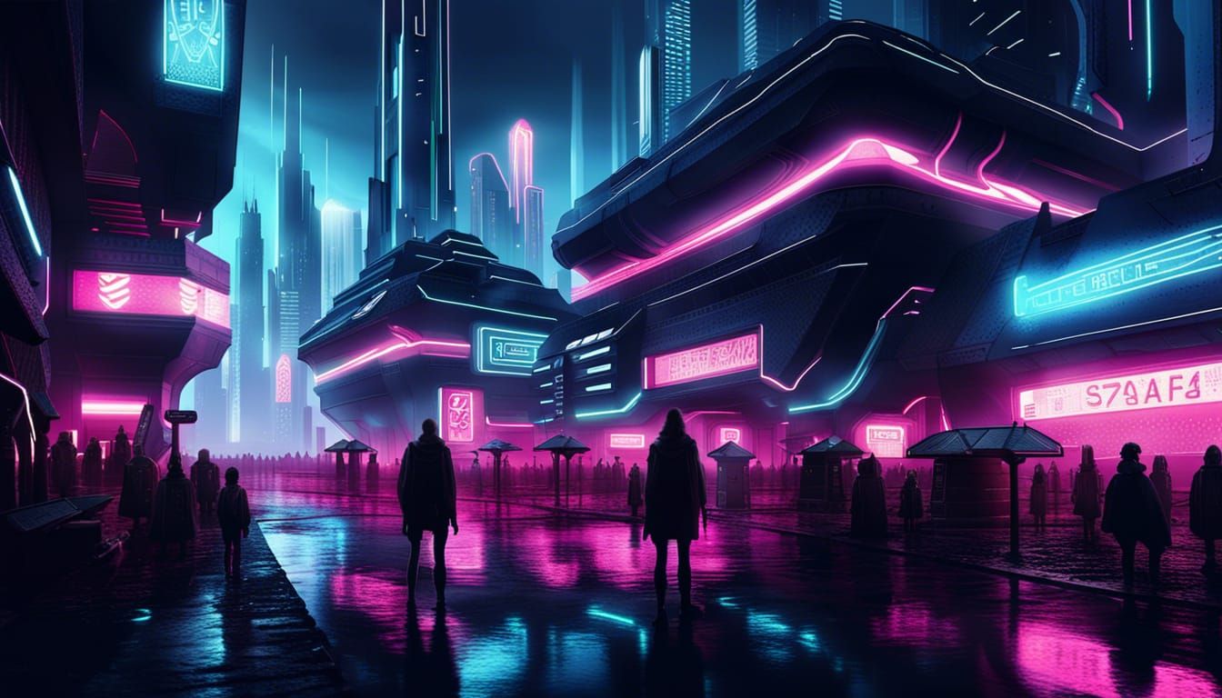 Futuristic Dark Fantasy City with Neon Lights