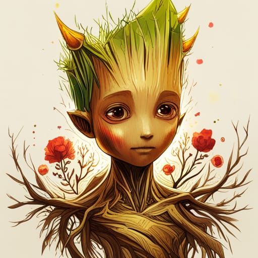 Luminous Groot with Golden Outlines: Digital Art
