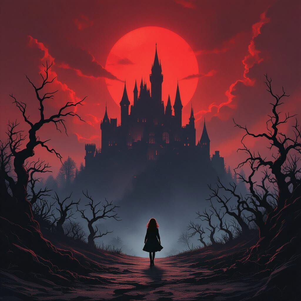 Girl Approaches Castle Under Red Sky in Dark Fantasy Style