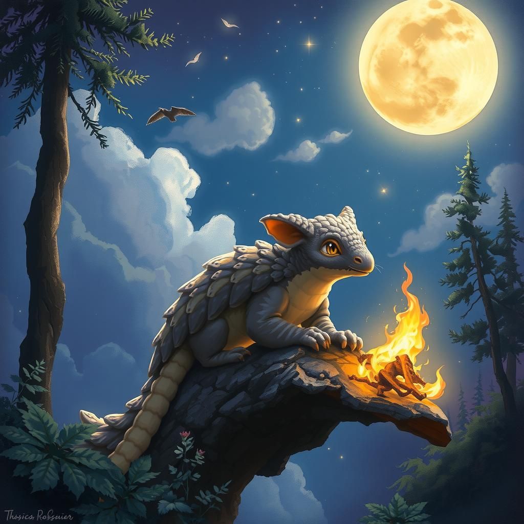 Dreamy Pangolin in Moonlight, Cel-Shaded Illustration