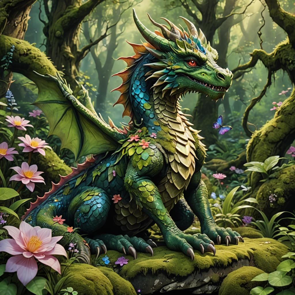 Mossy Dragon in Woodland, 3D Anime Art
