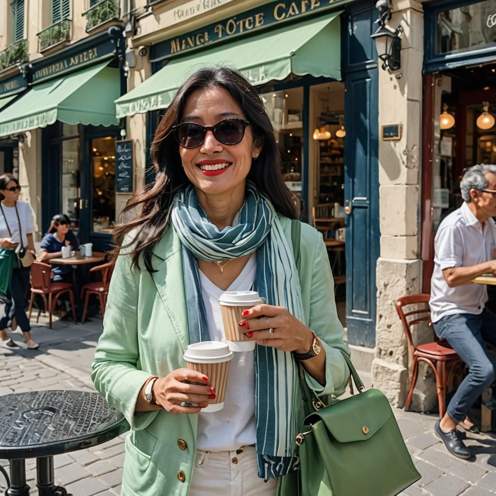 Filipina Woman at Parisian Cafe, in Impressionist Style