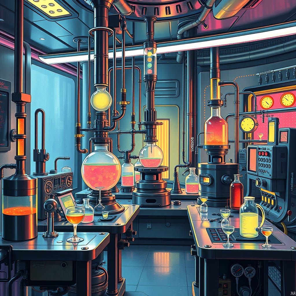 Futuristic Chemical Engineering Laboratory in Neon-Lit Metal...
