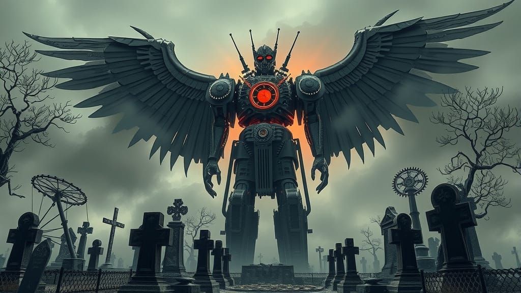 Steampunk Automaton Guardian of a Desolate Graveyard