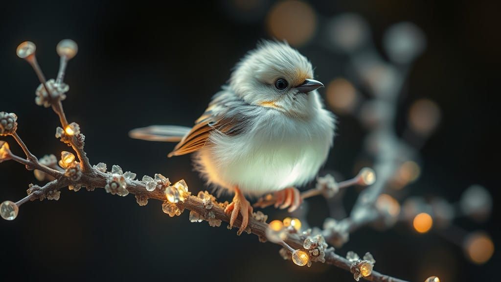 Hyper-Realistic, Surrealist Bird on a Crystal Branch, Glowin...