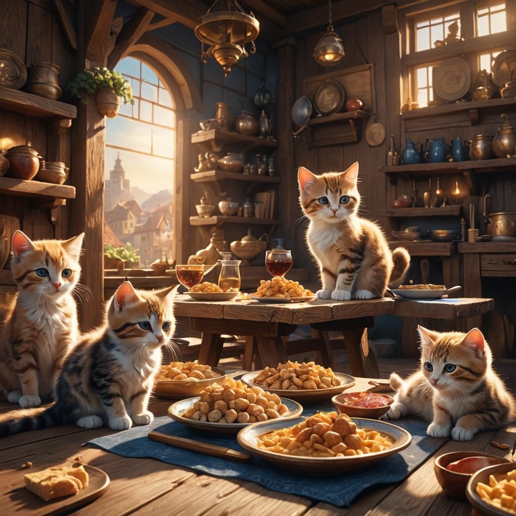 Kittens Eating Food: Fantasy Concept Art