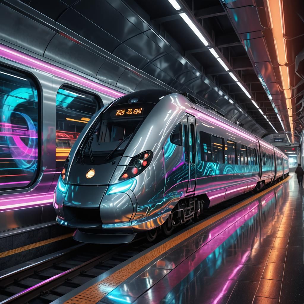Sleek Silver Train Glides Through Glowing Tunnel