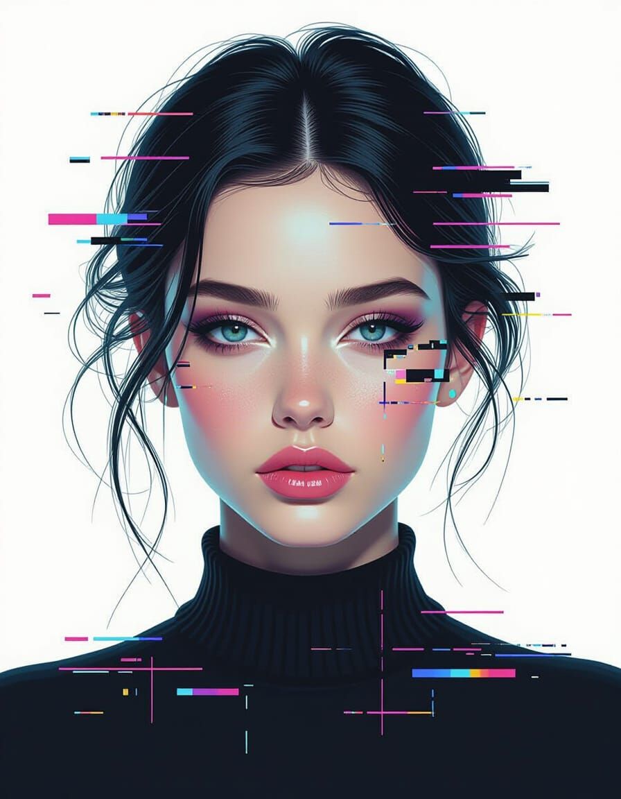 Young Woman Portrait in Glitch Art Style
