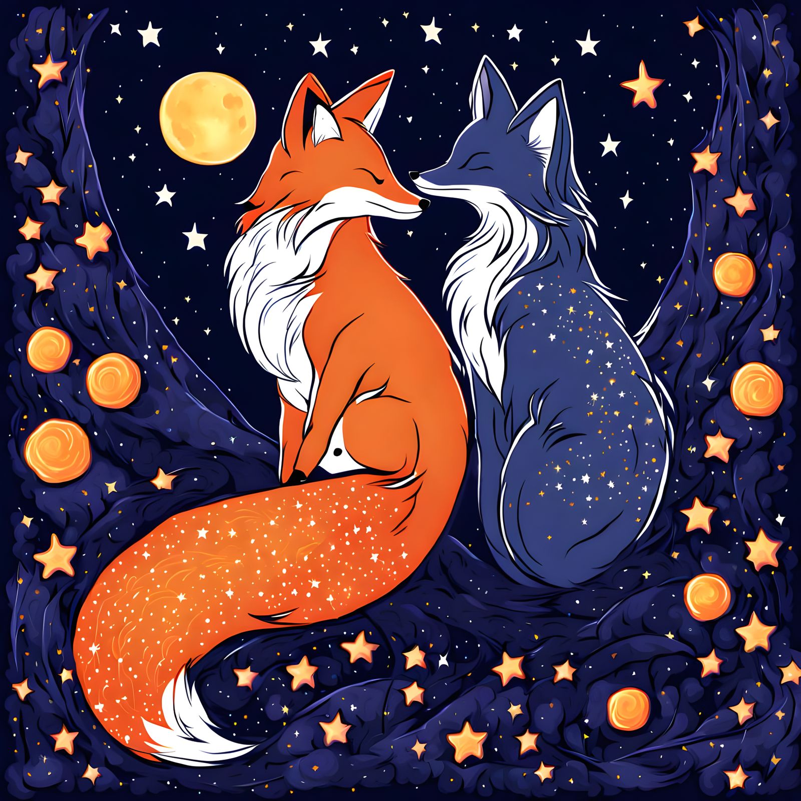 Stylized Foxes Under a Celestial Night Sky