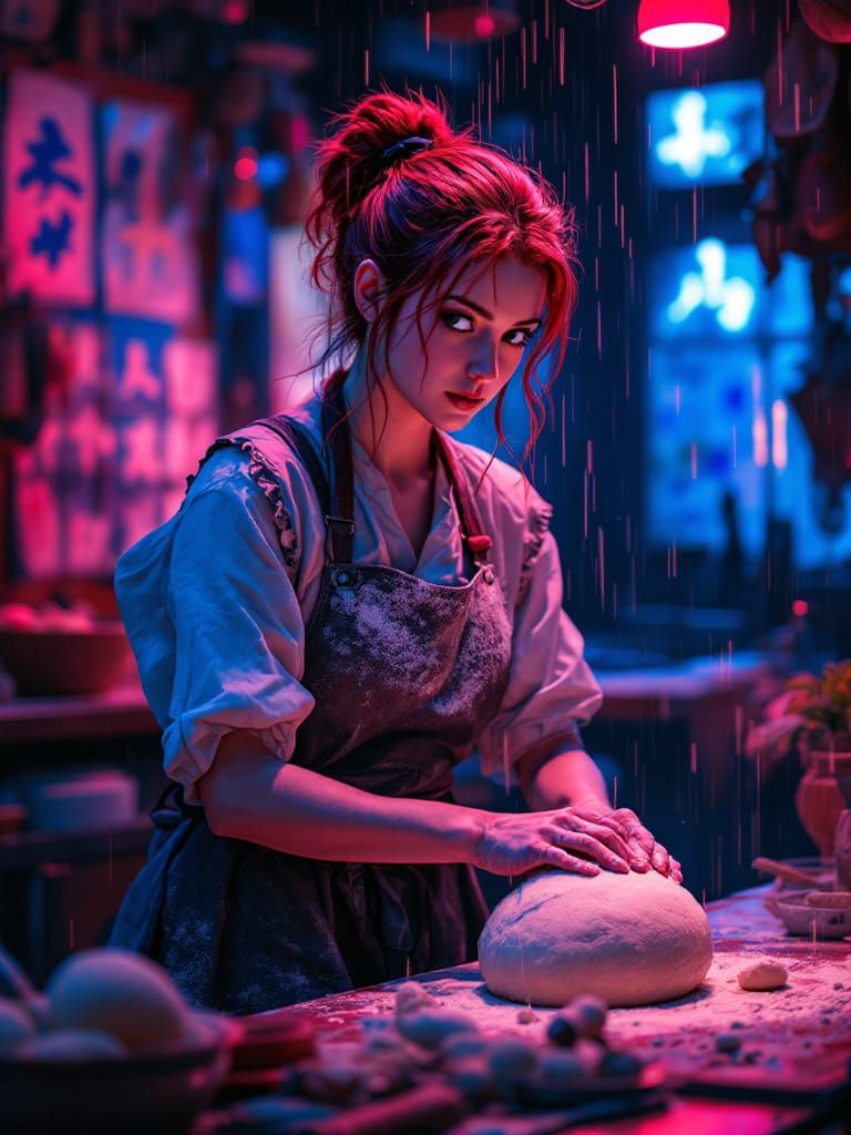 Cyberpunk Baker in Hokusai Style with Neon Glow