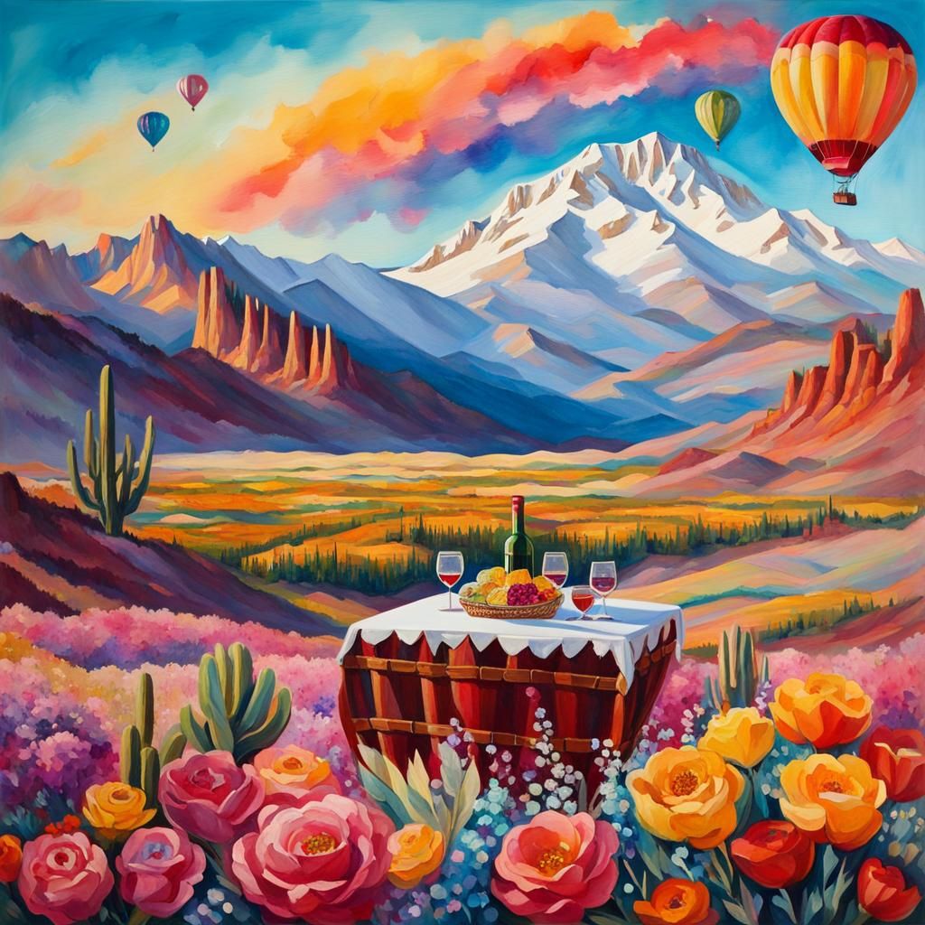 Gemstone Balloon Over Surreal Landscape in Gouache Style