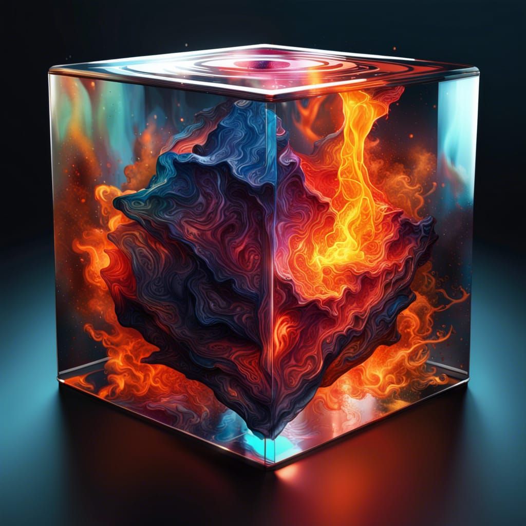 Inferno in Glass Cube: Hyperrealistic Splash Art