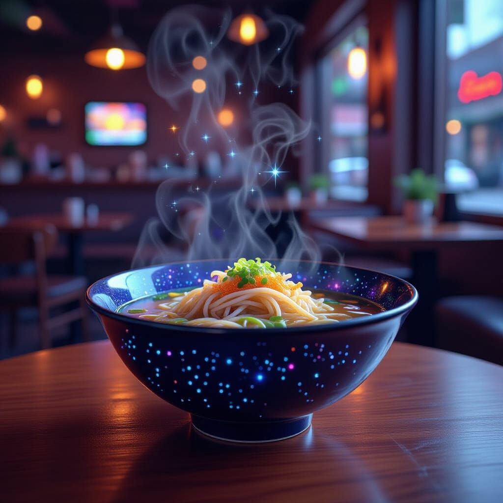 Starlight Ramen in Futuristic Cafe: A Cinematic Still