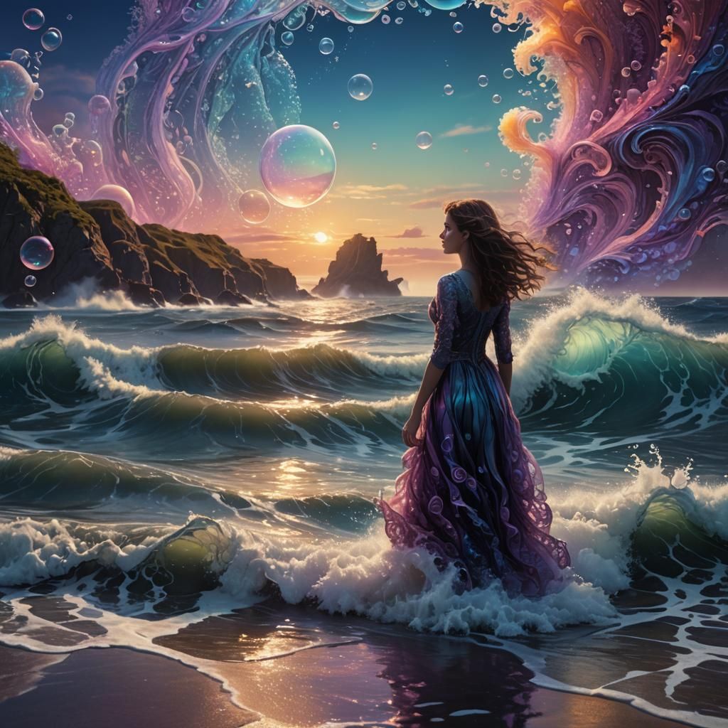 Shimmering Ocean with Bubble Waves: Digital Matte Painting