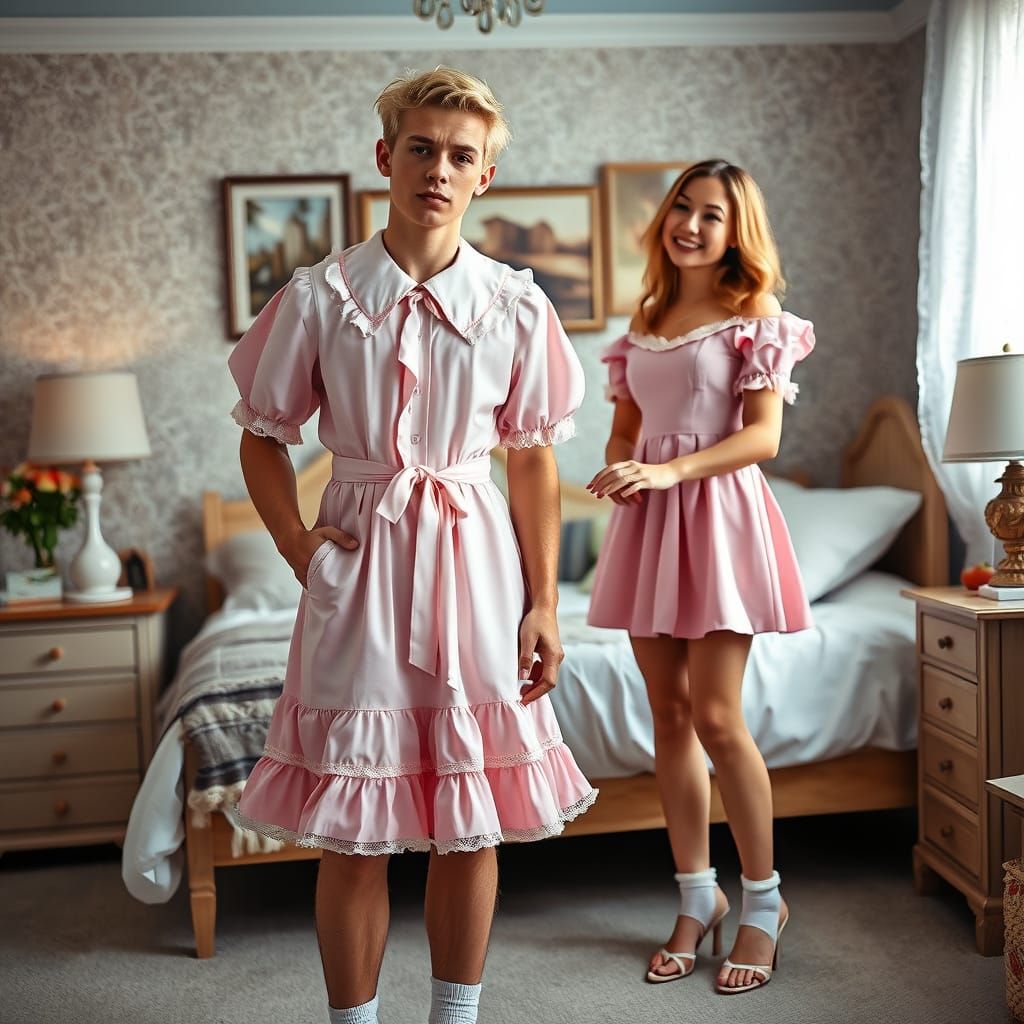Crossdressing Man in Frilly Dress, Assisted by Woman