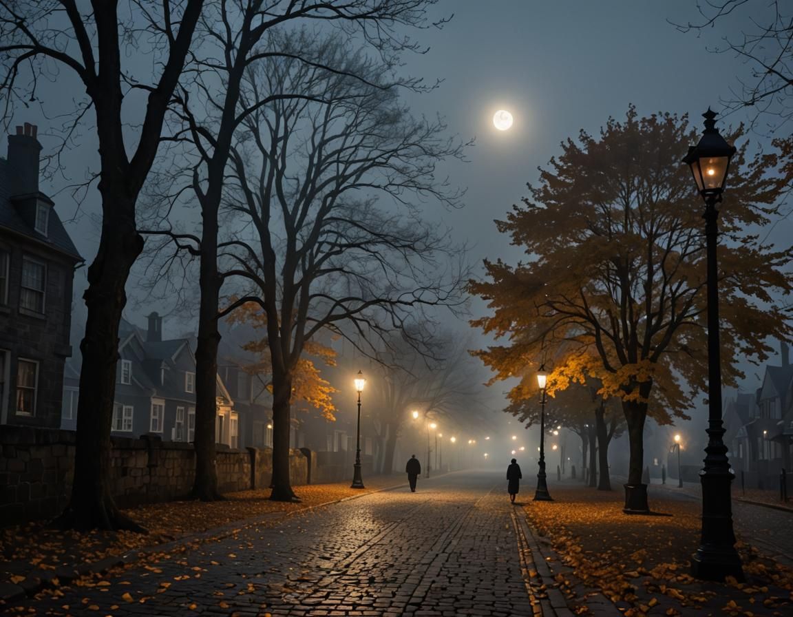 Eerie Streetlamp Illuminates Shadowy Figure in Fog