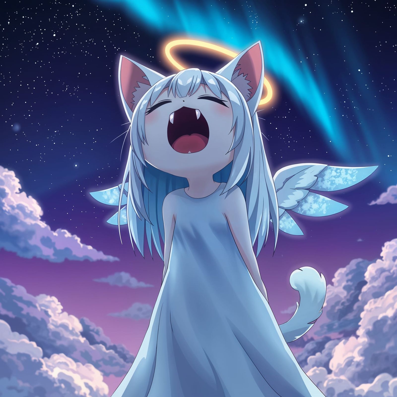 Adorable Angel Catgirl Yawning in Starry Night Sky
