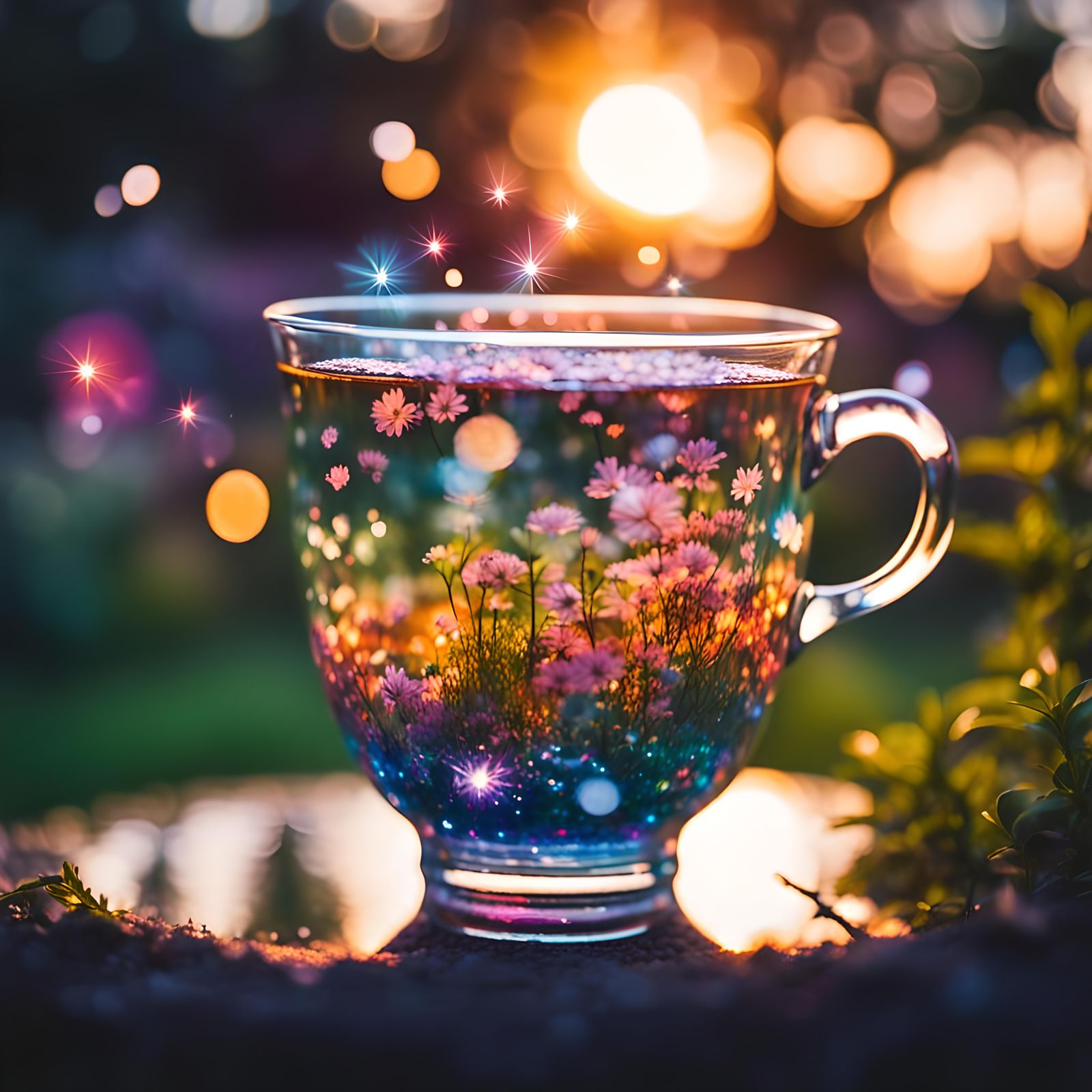 Crystal Teacup in Sunset Garden: Double Exposure