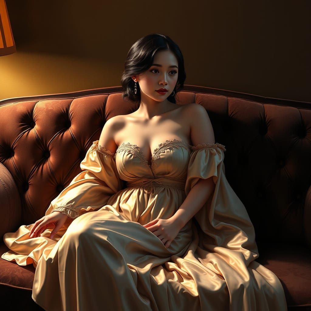 Elegant Asian Woman in Silk Nightgown on Velvet Couch