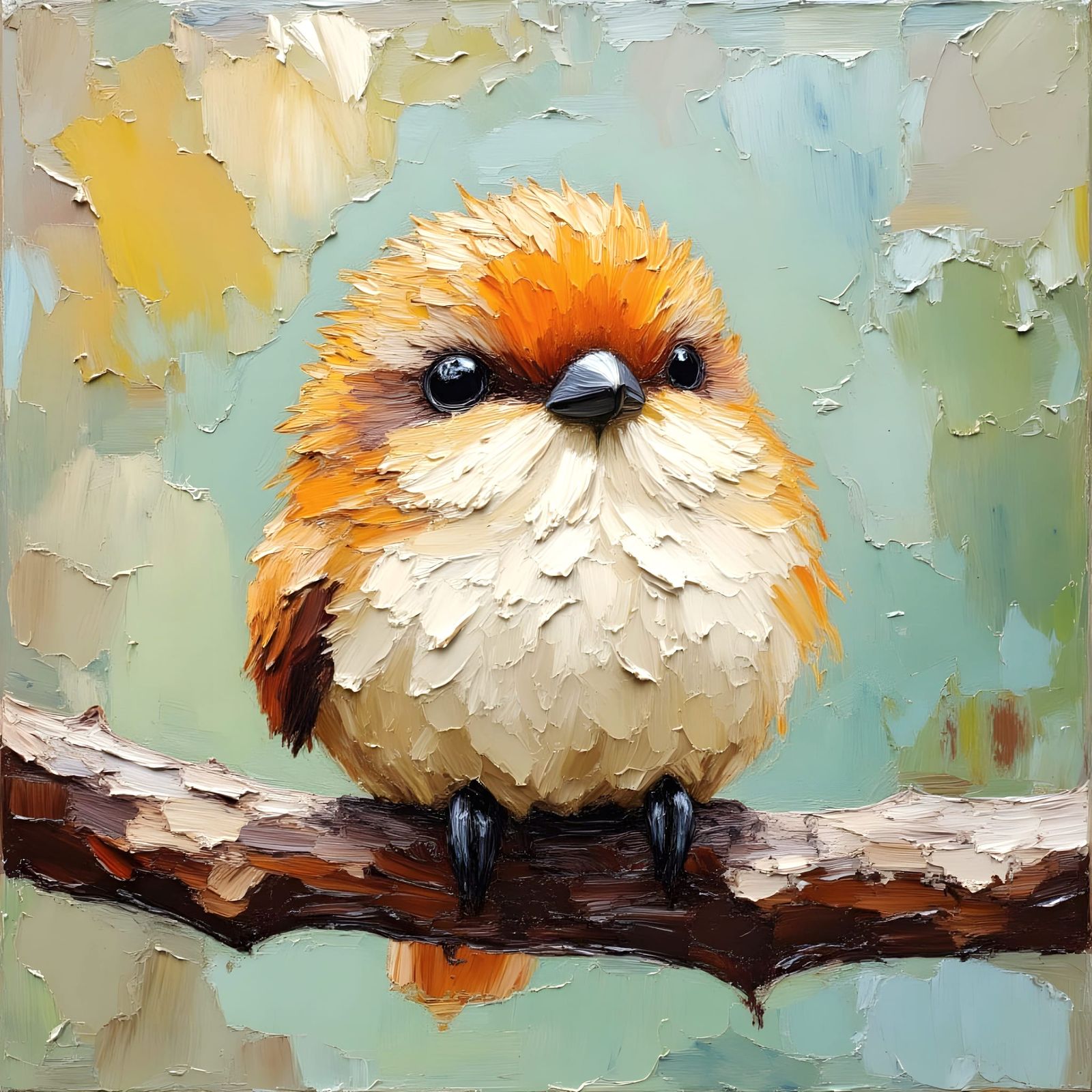 Fuzzy Bird on Branch as Impasto Painting