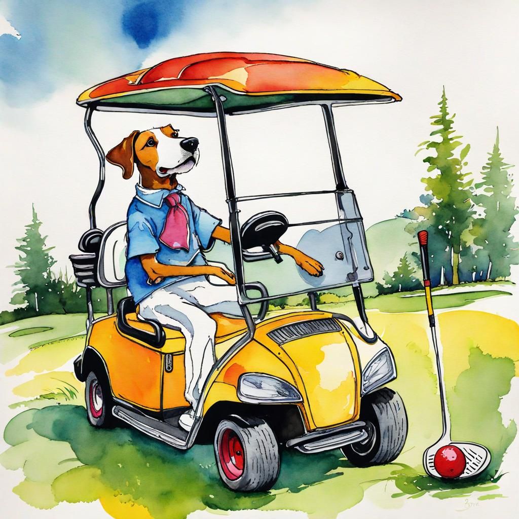 Dog Golfer in Golf Cart: Whimsical Illustration