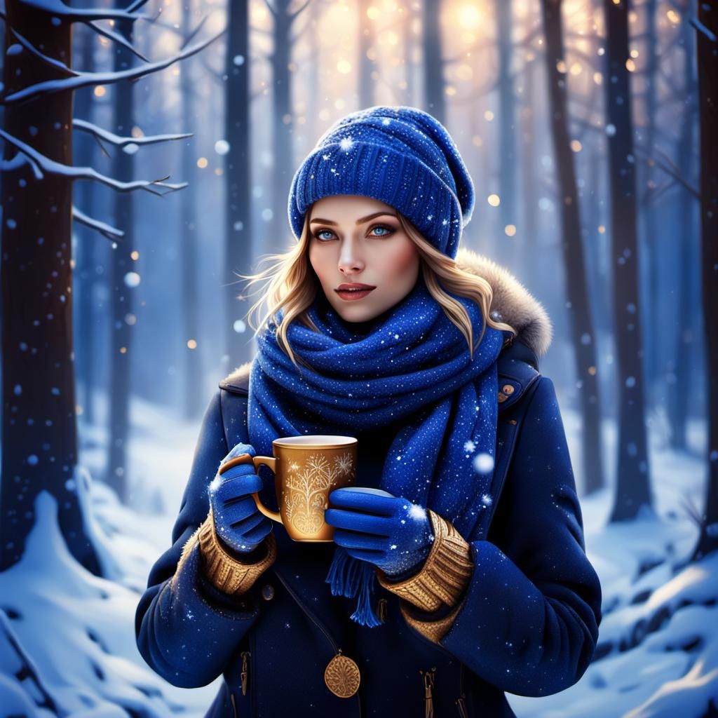 Girl with Hot Chocolate in Snowy Forest