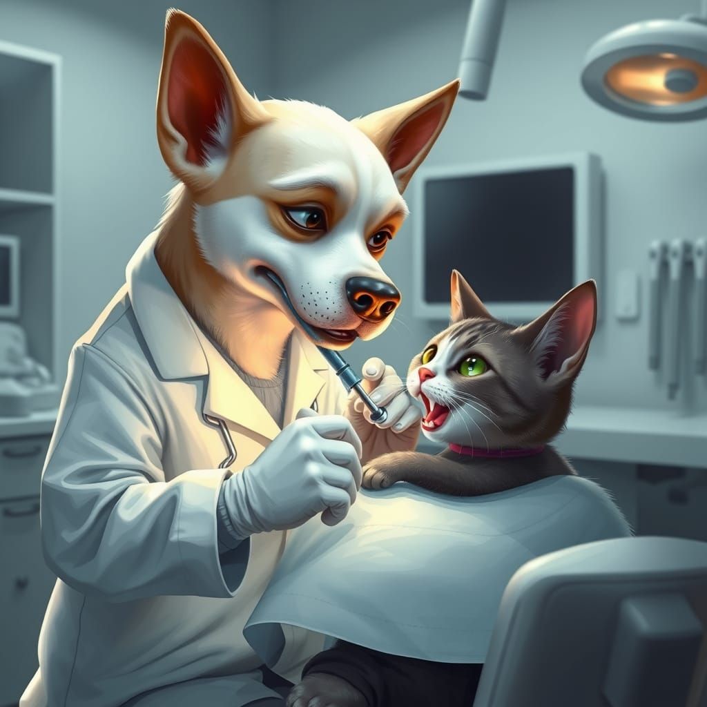 Dog Dentist Treats Cat Patient in Hyperrealistic Style