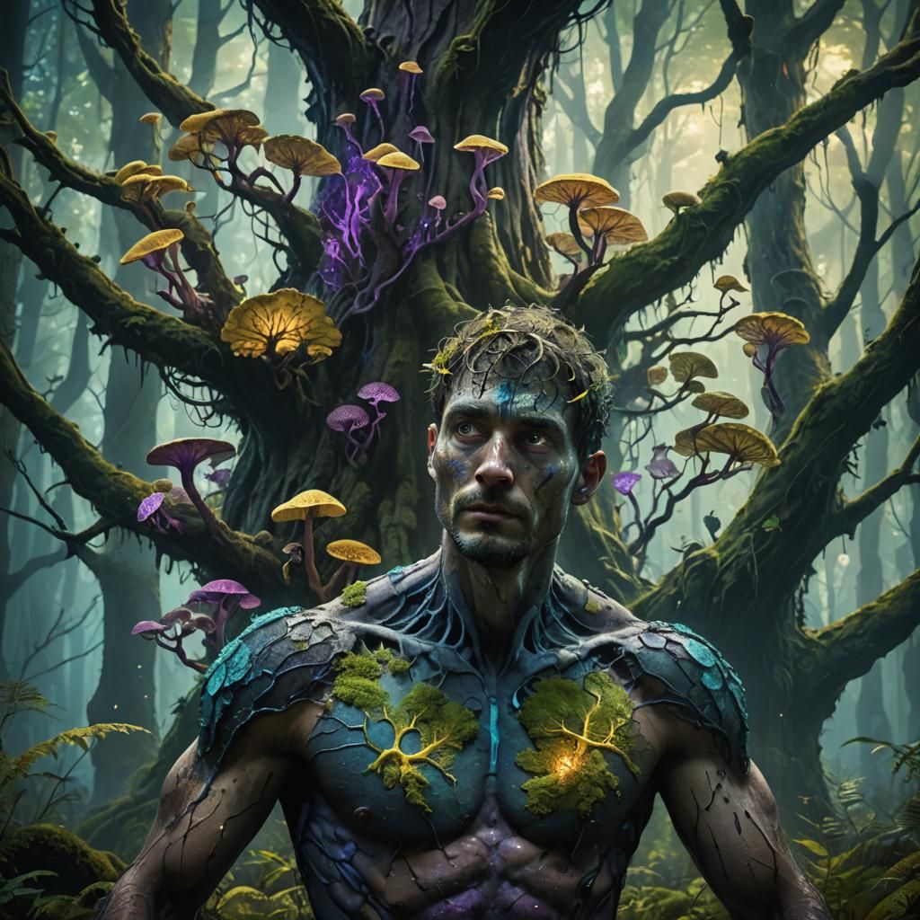 Fungal Man in Eerie Forest: Fantasy Concept Art