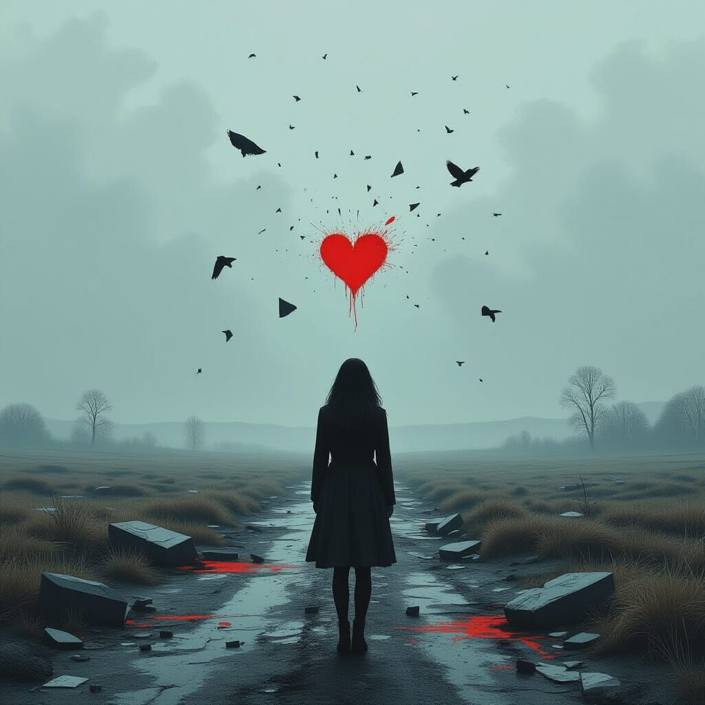 Desolate Woman with Broken Heart in Digital Art Style