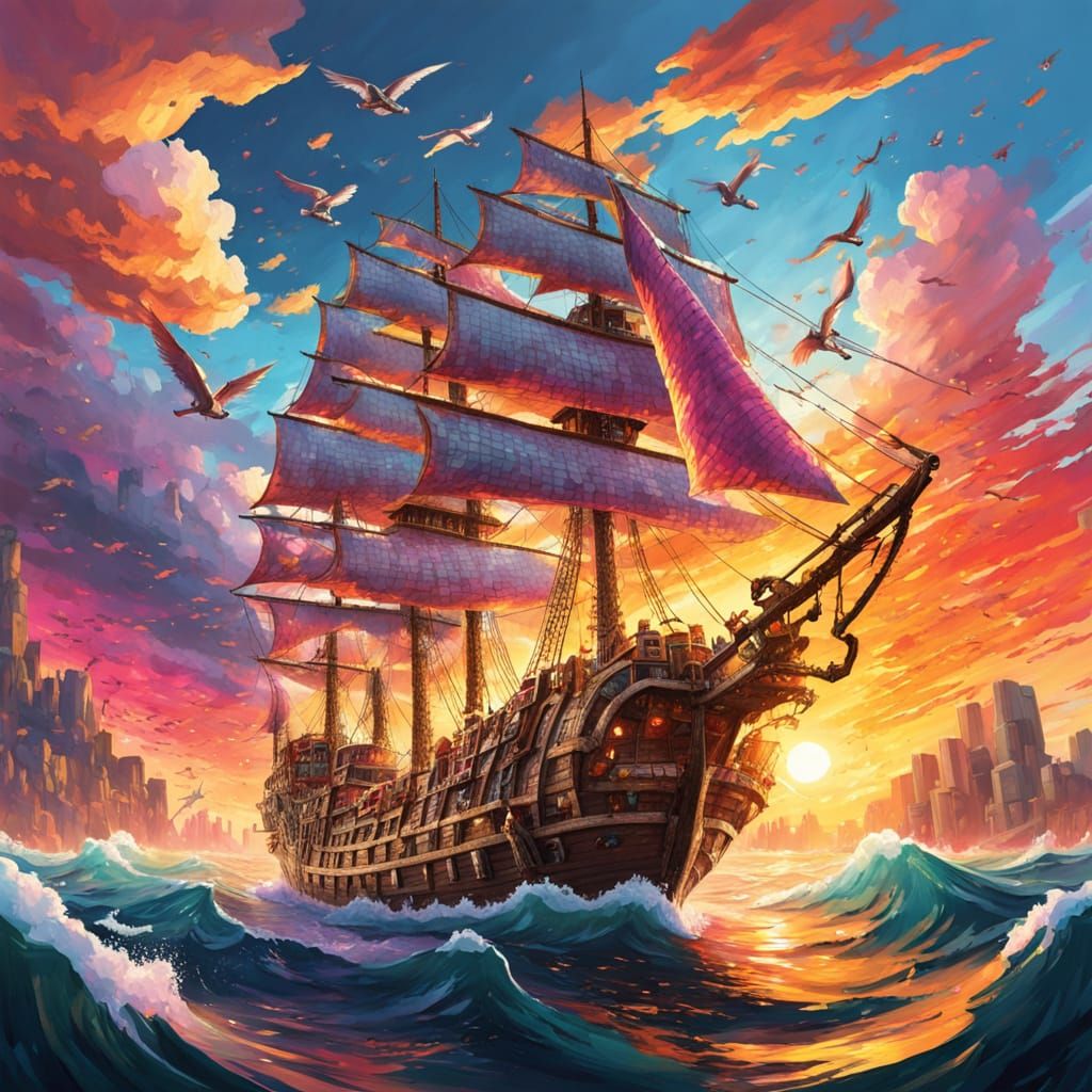 Cinematic Fantasy Galleon Ship in Vibrant Oil Painting Style