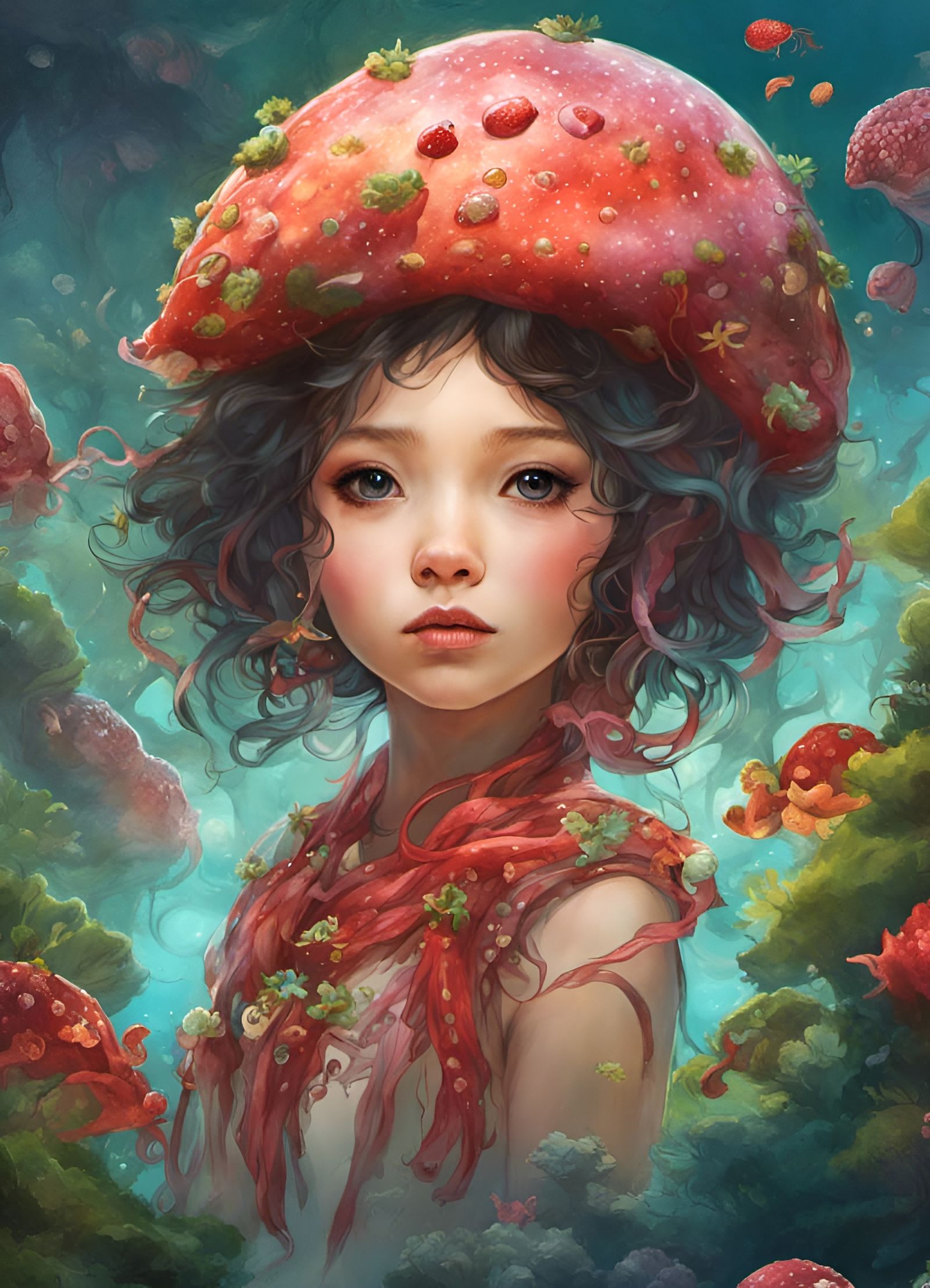 Chibi Strawberry Octopus in Fantasy Coral Reef