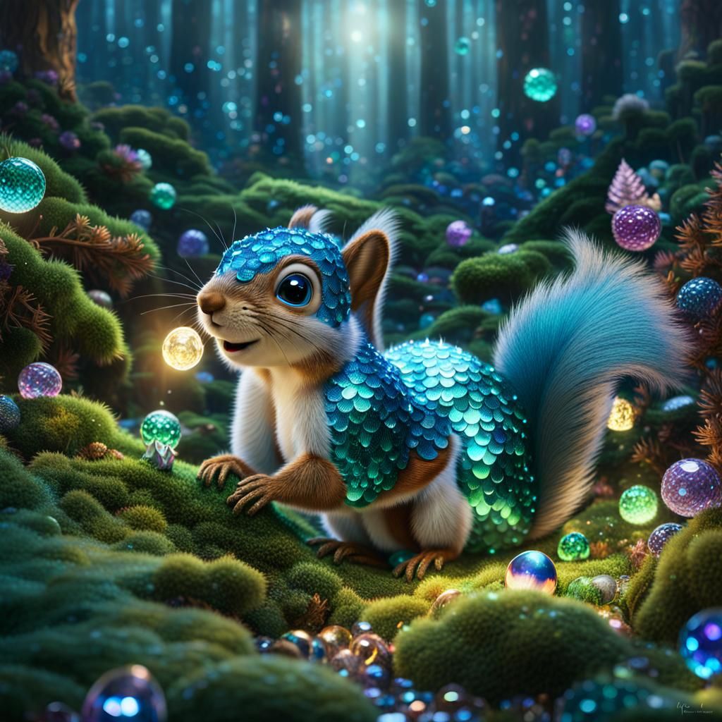 Jeweled Squirrel in Magical Forest, Pixar Style