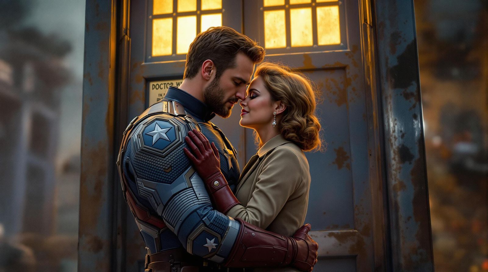 Chris Evans as Captain America Hugging Peggy Carter in Front...