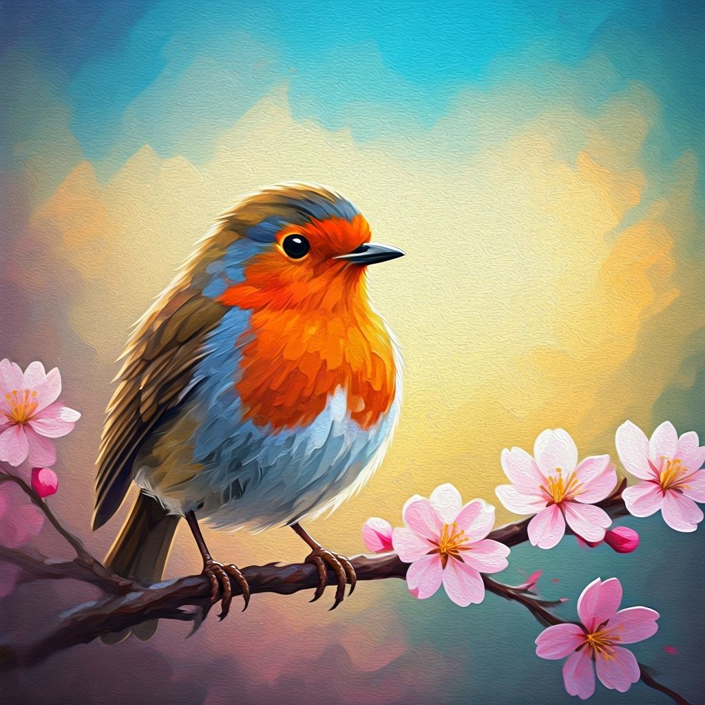 Vibrant Acrylic Robin on Cherry Blossom Branch