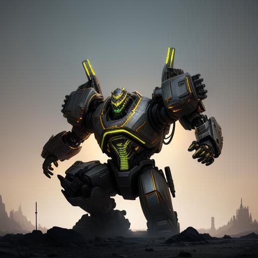 Robotic Warrior in Battle-Scarred Sci-Fi Landscape