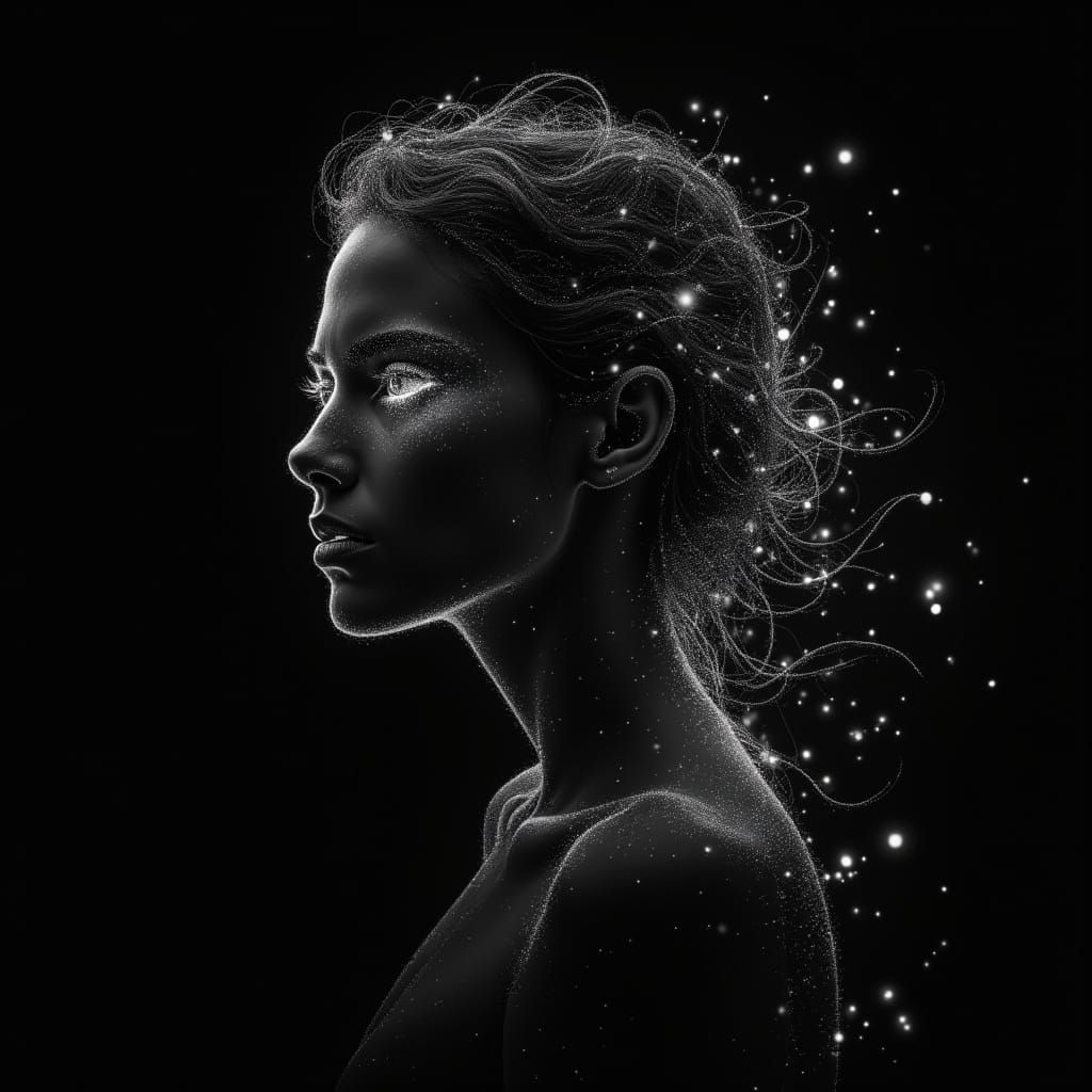 Ethereal Woman in Luminous Pencil Sketch