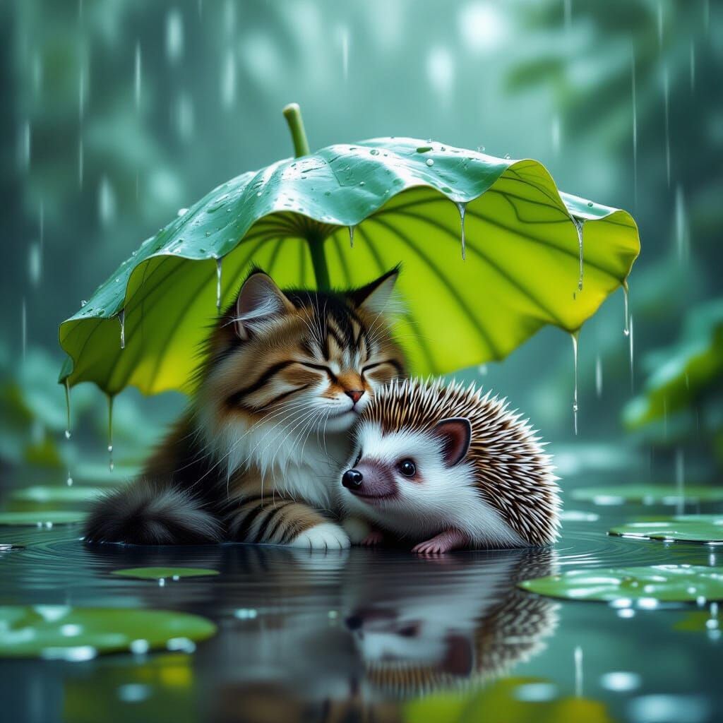 Cozy Cat and Hedgehog Under Lotus Leaf in Rainy Light